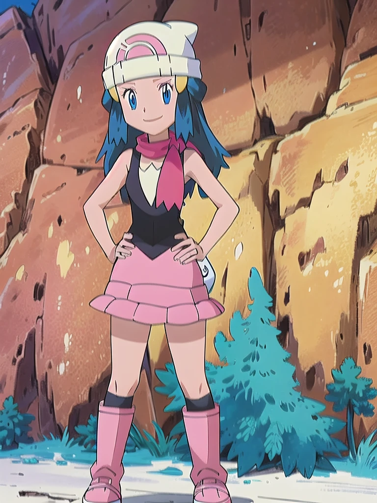 masterpiece, best quality, 1girl, dawn \(pokemon\), beanie, long hair, blue hair, blue eyes, black sleeveless shirt, pink scarf, pink skirt, pink boots, hands on hips, smile, looking at viewer, forest background