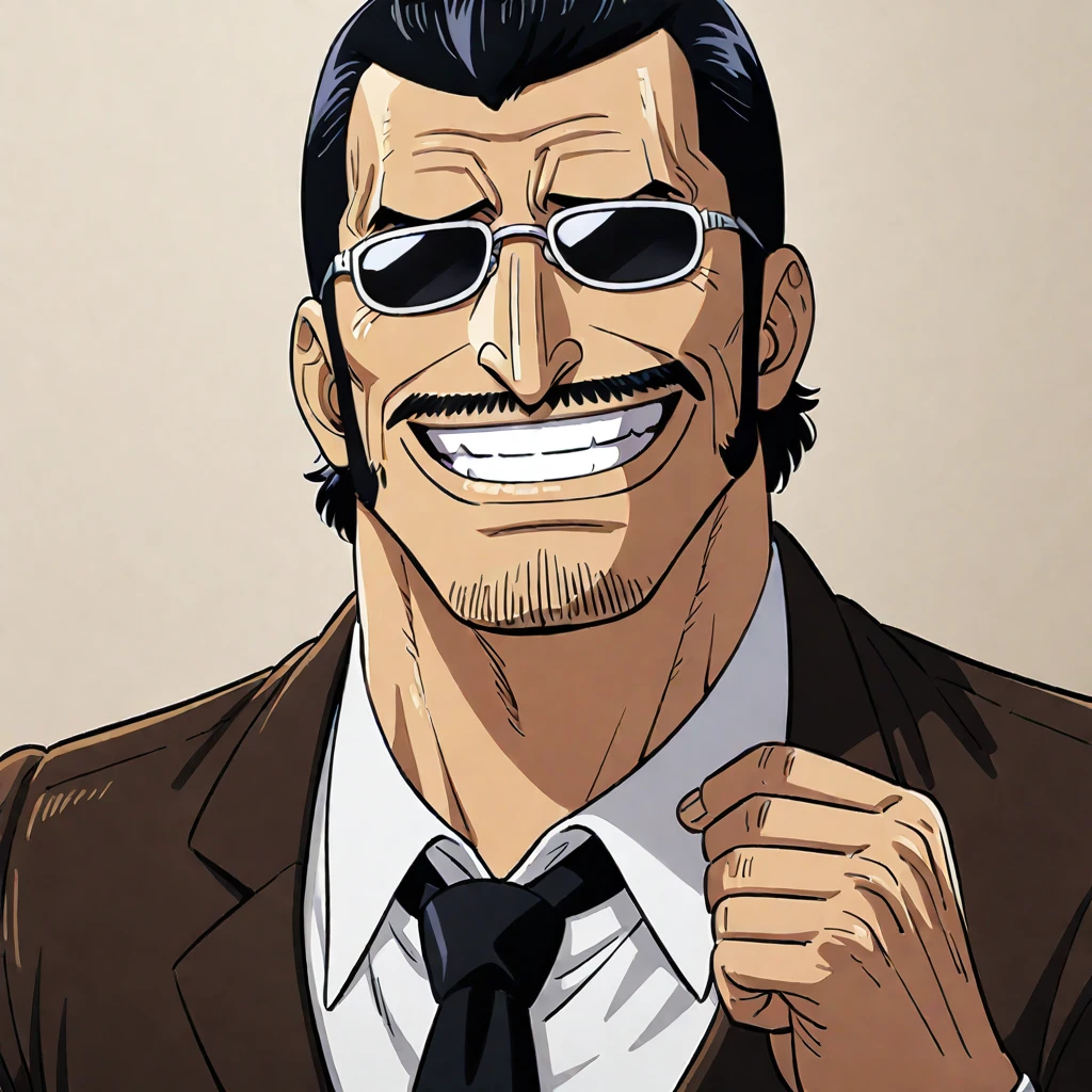 1boy kizaru from one-piece anime, male focus, solo, facial hair, necktie, black hair, sunglasses, smile, ((medium quality)), ((medium quality))