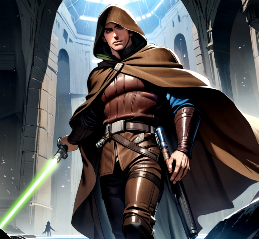 Star wars, jedi knight, leather armour, leather pants, cloak, hood, blue lightaber, handsome muscular man,