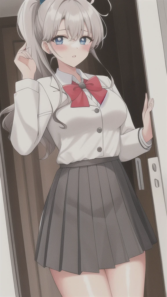 Arya, 1girl, solo, long hair, blue eyes, ahoge, bow, looking at viewer, red bow, jacket, bowtie, long sleeves, breasts, shirt, open jacket, red bowtie, door, cowboy shot, collared shirt, indoors, , white hair, standing, open clothes, skirt, bangs, dress, grey jacket, black dress, blush, pleated skirt, parted lips, medium breasts, pleated dress, white shirt, hair between eyes, white jacket, hand up, blazer, black skirt, thighs, open door, hallway