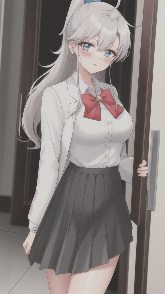 Arya, 1girl, solo, long hair, blue eyes, ahoge, bow, looking at viewer, red bow, jacket, bowtie, long sleeves, breasts, shirt, open jacket, red bowtie, door, cowboy shot, collared shirt, indoors, , white hair, standing, open clothes, skirt, bangs, dress, grey jacket, black dress, blush, pleated skirt, parted lips, medium breasts, pleated dress, white shirt, hair between eyes, white jacket, hand up, blazer, black skirt, thighs, open door, hallway