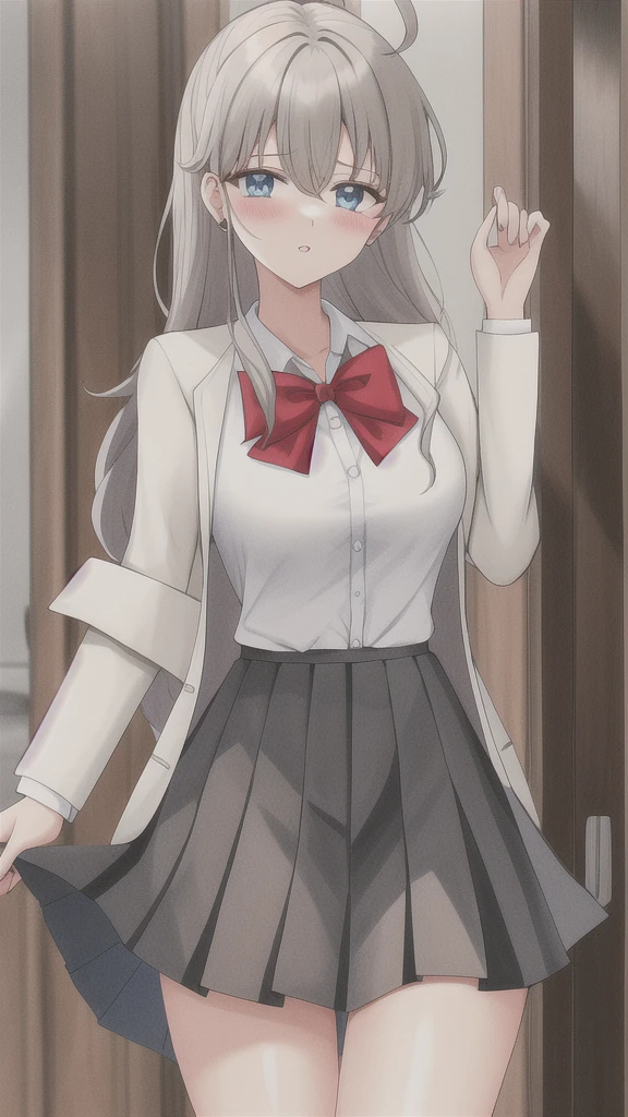 Arya, 1girl, solo, long hair, blue eyes, ahoge, bow, looking at viewer, red bow, jacket, bowtie, long sleeves, breasts, shirt, open jacket, red bowtie, door, cowboy shot, collared shirt, indoors, , white hair, standing, open clothes, skirt, bangs, dress, grey jacket, black dress, blush, pleated skirt, parted lips, medium breasts, pleated dress, white shirt, hair between eyes, white jacket, hand up, blazer, black skirt, thighs, open door, hallway