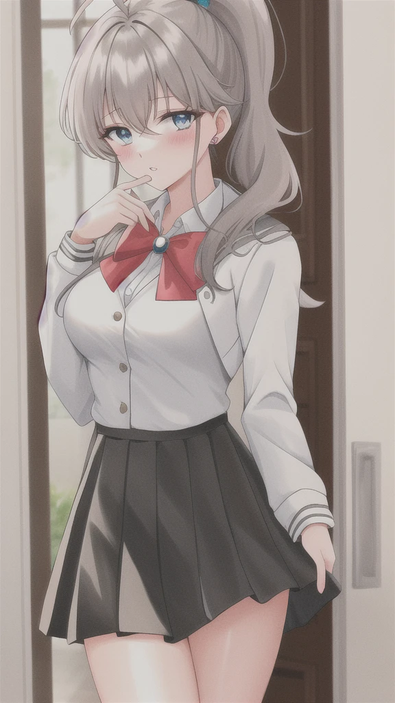 Arya, 1girl, solo, long hair, blue eyes, ahoge, bow, looking at viewer, red bow, jacket, bowtie, long sleeves, breasts, shirt, open jacket, red bowtie, door, cowboy shot, collared shirt, indoors, , white hair, standing, open clothes, skirt, bangs, dress, grey jacket, black dress, blush, pleated skirt, parted lips, medium breasts, pleated dress, white shirt, hair between eyes, white jacket, hand up, blazer, black skirt, thighs, open door, hallway