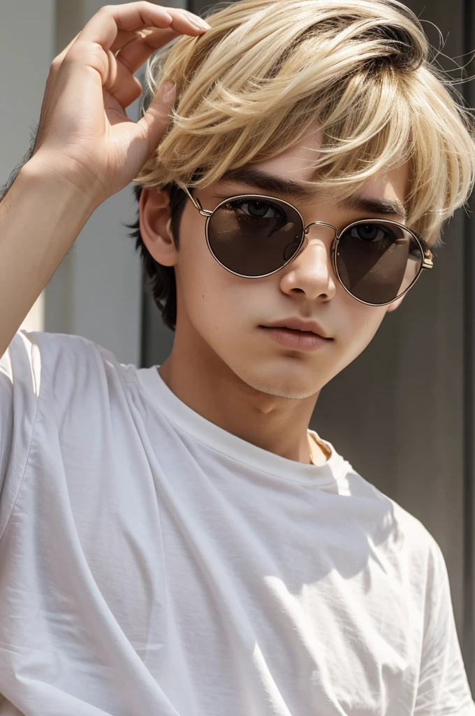 1boy, messy black hair, blond strands, golden eyes, blond eyelashes. clear glasses, loose white shirt, black shorts