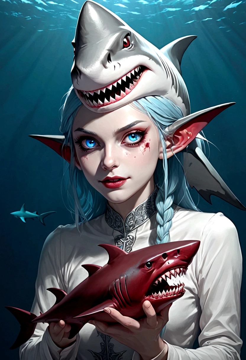 Fantasy Undersea，(((Shark Elf Girl)))，blue eyes，Baldhead，Sharp Fangs，Shark fin feature on back，look back,Blood stains at the corners of mouth，fierce，close up，Gothic Art，dark wind，Dilapidated cabin of a sunken ship，Zombie style，Alternative，Hand holding human skull
