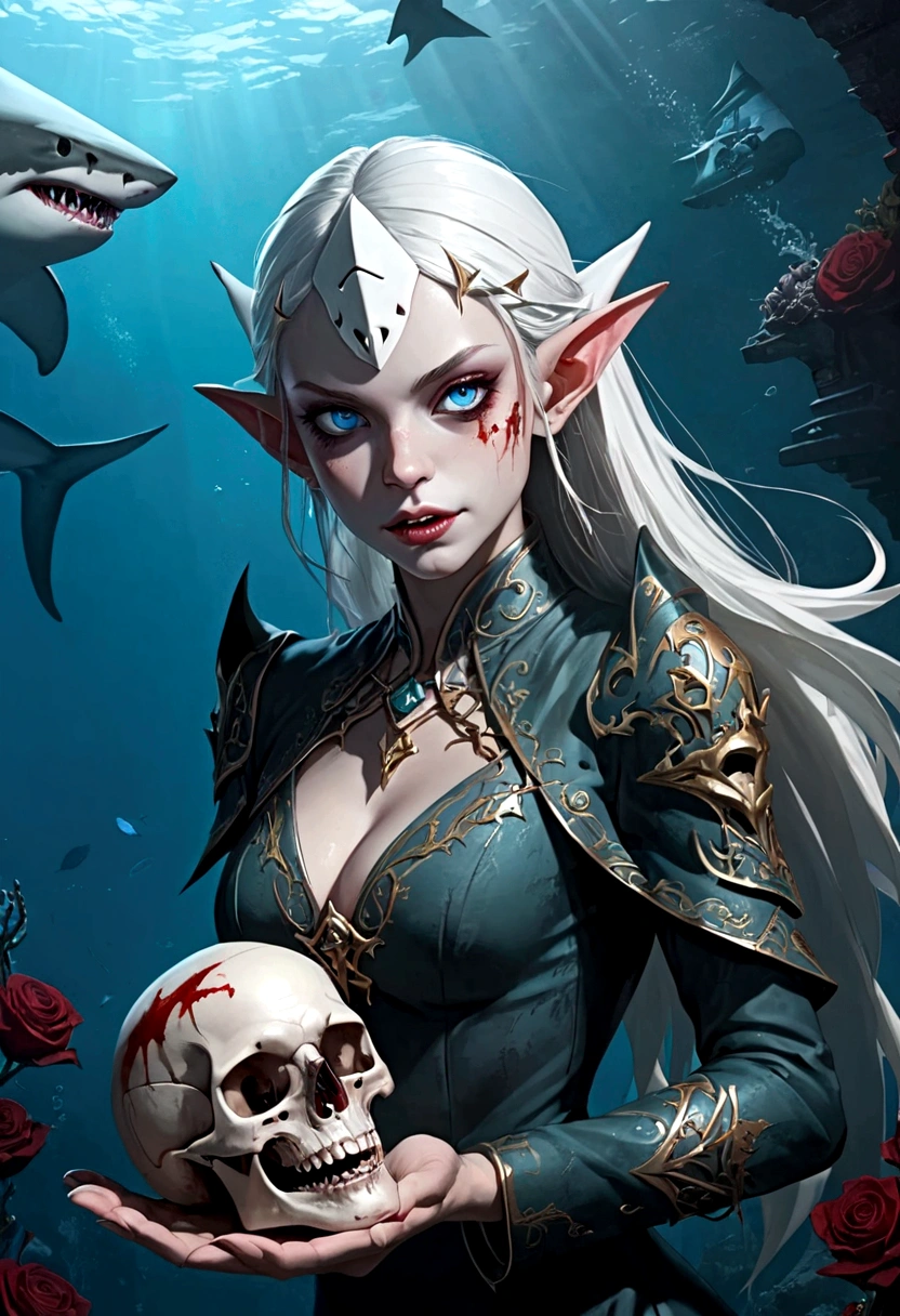 Fantasy Undersea，(((Shark Elf Girl)))，blue eyes，Baldhead，Sharp Fangs，Shark fin feature on back，look back,Blood stains at the corners of mouth，fierce，close up，Gothic Art，dark wind，Dilapidated cabin of a sunken ship，Zombie style，Alternative，Hand holding human skull
