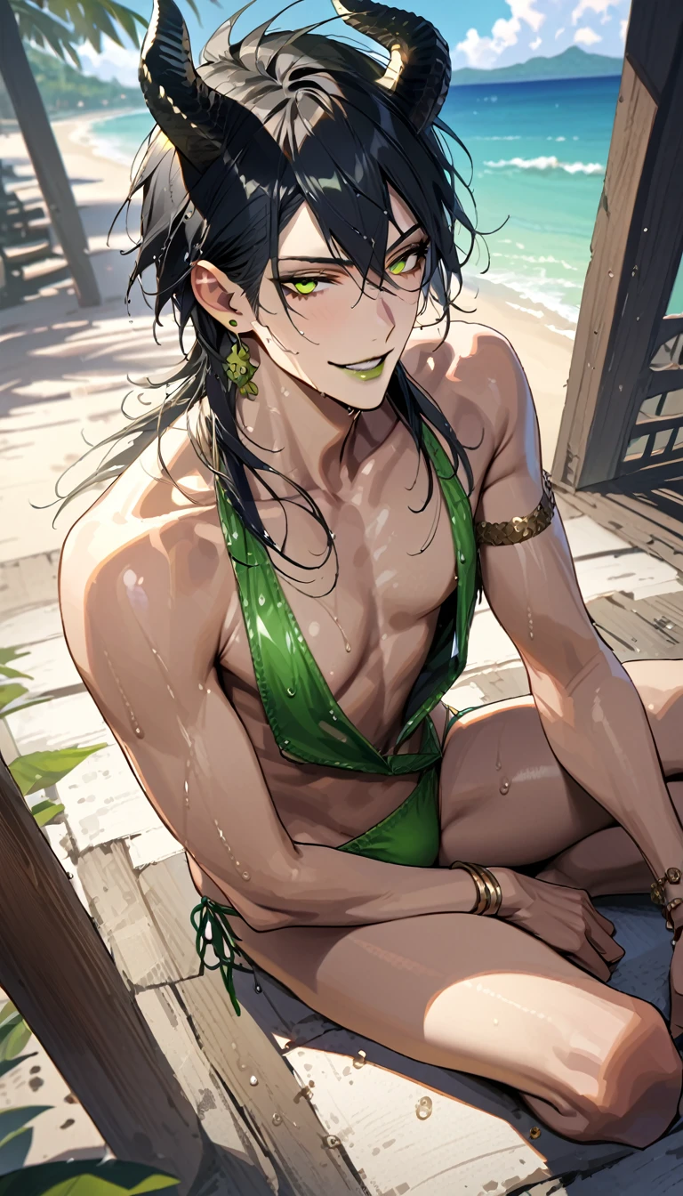 masterpiece, highres, absurdres, illustration, ((masterpiece:1.4, best quality)), (Ultra detailed background), 1boy, handsome man, highly detailed beautiful face and eyes, beautiful eyes, (sharp detail:1.3), shiny, earrings, bracelet, (wet bikini:1.3), Bari, Cebu Island, plumeria, near the beach, 1boy, sitting on floor, dynamic angle, full body, malleus draconia (twisted wonderland) horns, bishounen, boy, male, yana Toboso style, long hair, black hair, yellow green eyes, smile, gray lips, handsome, skinny, tall, yellow green glow,AddXL
