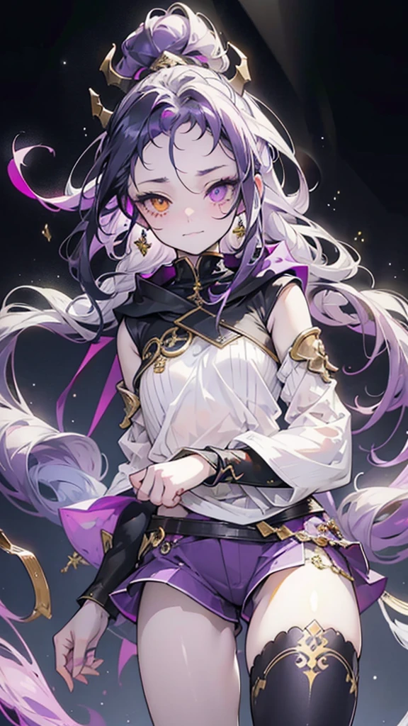cheerful boy with open forehead. dark purple hair braided in a ponytail on the left side to one side. sinuous black horns wrapped in dark purple ribbon. pale violet eyes. in short dark purple shorts. long white T-shirt. dark purple knee-high socks. a white long robe with a hood flutters in the wind. black ancient stone walls of the castle purple light from lamps with gold ornaments, heterochromia, long curly hair, pale skin, I look at the viewer, closed mouth, bright smile, Beautiful, extremely detailed eye, Absolutely amazing art, extremely detailed, Digital art of the highest quality, full length