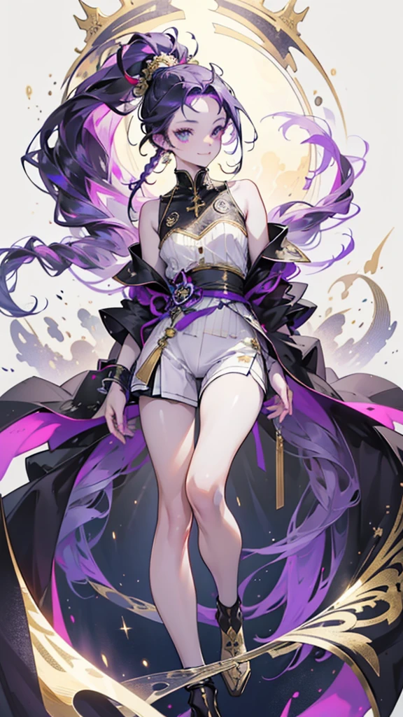 cheerful boy with open forehead. dark purple hair braided in a ponytail on the left side to one side. sinuous black horns wrapped in dark purple ribbon. pale violet eyes. in short dark purple shorts. long white T-shirt. dark purple knee-high socks. a white long robe with a hood flutters in the wind. black ancient stone walls of the castle purple light from lamps with gold ornaments, heterochromia, long curly hair, pale skin, I look at the viewer, closed mouth, bright smile, Beautiful, extremely detailed eye, Absolutely amazing art, extremely detailed, Digital art of the highest quality, full length