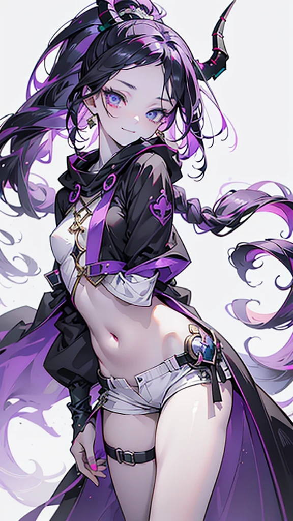cheerful boy with open forehead. dark purple hair braided in a ponytail on the left side to one side. sinuous black horns wrapped in dark purple ribbon. pale violet eyes. in short dark purple shorts. long white T-shirt. dark purple knee-high socks. a white long robe with a hood flutters in the wind. black ancient stone walls of the castle purple light from lamps with gold ornaments, heterochromia, long curly hair, pale skin, I look at the viewer, closed mouth, bright smile, Beautiful, extremely detailed eye, Absolutely amazing art, extremely detailed, Digital art of the highest quality, full length, old pionino ancient castle