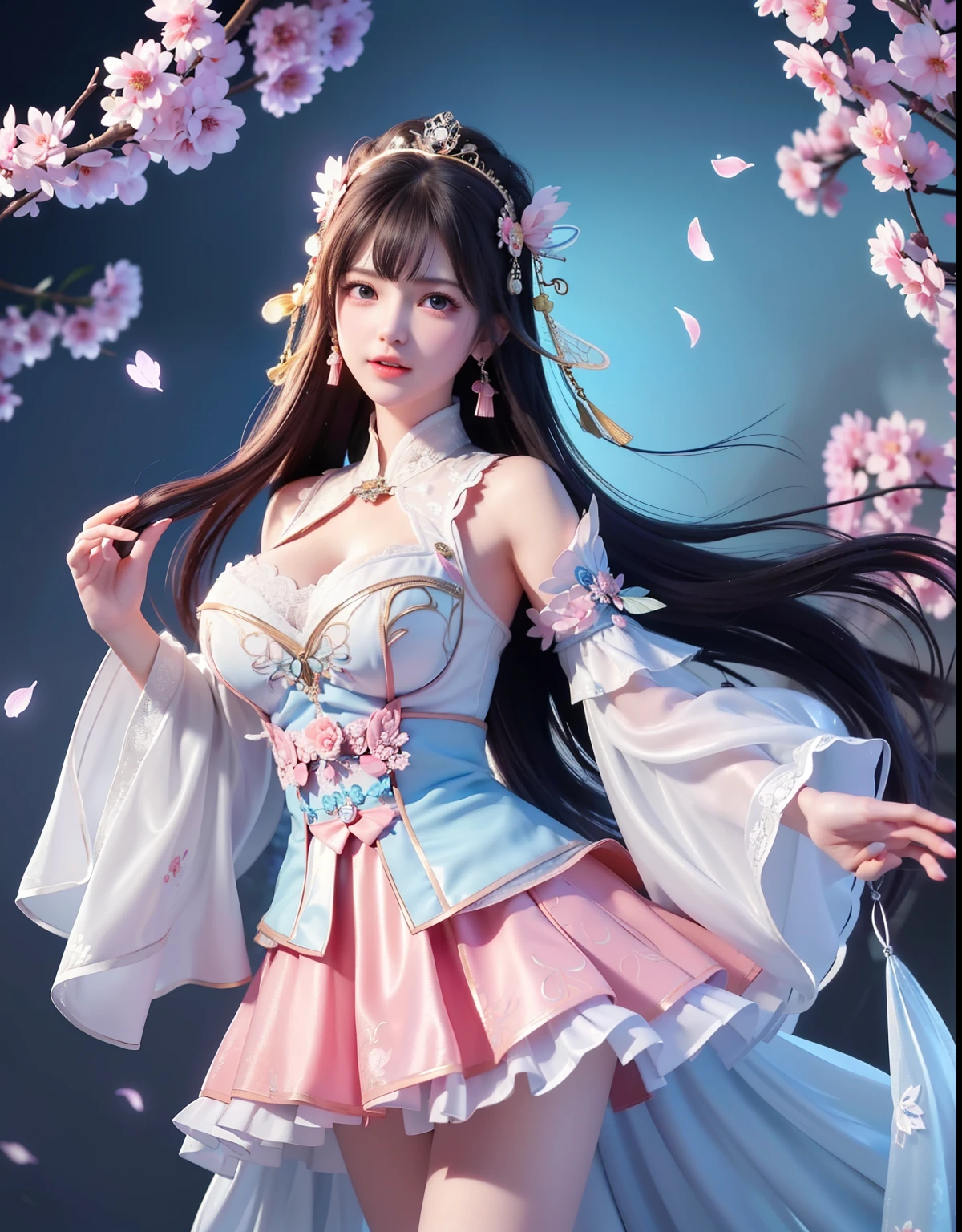 (8k, RAW photo:1.2), best quality, ultra high res,dramatic angle,(fluttered detailed color splashs), (illustration),(((1 girl))),(long hair),(rain:0.9), (Headdress:1.4),There is an ancient palace beside the girl,Hanfu,(Key Points),Color ink painting,(Splash of Color),Splash of Color,(((colorful))),(sketch:0.8) , Masterpiece, best quality, beautiful painted, highly detailed,(denoising:0.6),[splash ink],((ink refraction)), (beautiful detailed sky),moon,highly,detaild,(masterpiece, best quality, extremely detailed） CG Unity 8k Wallpaper，masterpiece，best quality，Ultra Detailed），（Lycoris）.shoulder ballet dress open V-chested clothes Thin silk lace dress short skirt , (huge ，cleavage),, white pink, blue ，best qualtiy，tmasterpiece，Ultra-high resolution，（Reality：1.4），RAW photogr，（True skin texture：1.3），（filmgrain：1.3），（Selfie angle），1个Giant Breast Girl，Beautiful eye and face details，tmasterpiece，Best quality at best，，The chest more exposed， detailed hair, bra pink , detail 8k, full body, lace petticoat, fan handle