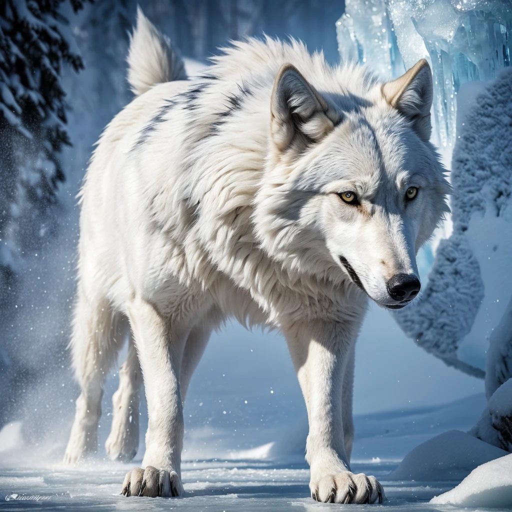 (8K, best qualityer, work of art: 1.2), (best qualityer: 1.0), (ultra-high resolution: 1.0), Animal, white wolf, Glace gigante, full body and bright eyes, Wolf, grey, Glace, ice.