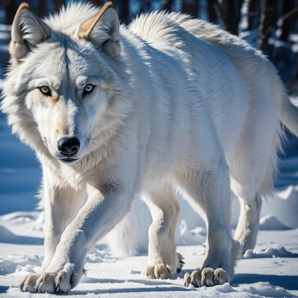 (8K, best qualityer, work of art: 1.2), (best qualityer: 1.0), (ultra-high resolution: 1.0), Animal, white wolf, Glace gigante, full body and bright eyes, Wolf, grey, Glace, ice.