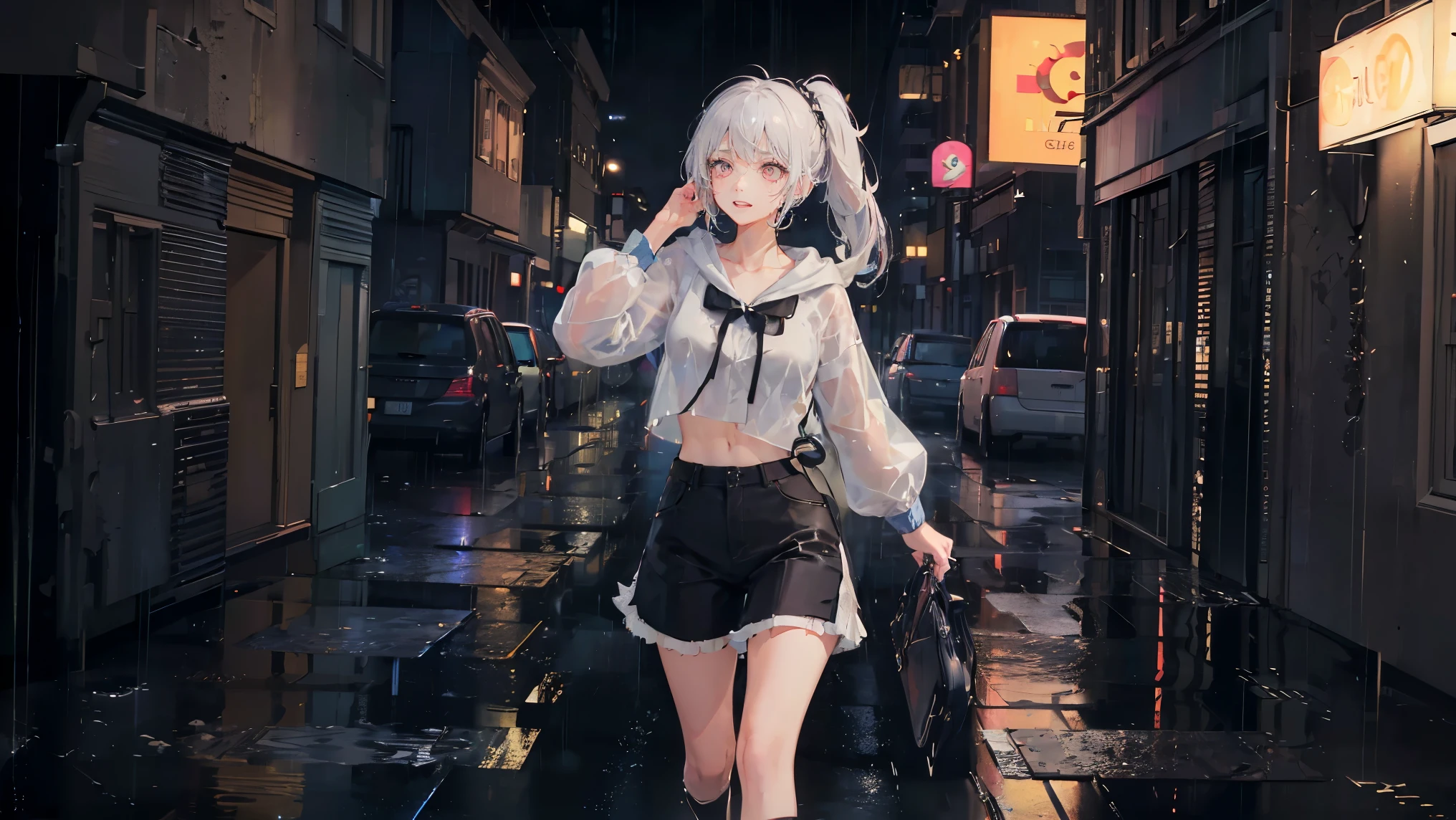 pretty anime girl, 16k quality, masterpiece, ((hyper detail background, delicate pattern, intricate detail)), best quality, intricate detail, chromatic aberration, 1 girl, splashed paint, cloud color hair, messy hair, silky ponytail hairstyle, silver highlights, gray eyes, sharp eyes, extremely detailed face, extremely detailed eyes and face, beautiful detail eyes, chokes, (heavy rain, raining, pouring rain:1.5),( puddles, water ripples:1.2),(outdoor),(cloudy),( hair swaying in the wind, happy face, running)(Wet body, wet hair, soaking wet, dripping water, , graffiti, dim lights, alley), lime color hoodie with black painting on shirt, black skinny pant, masterpiece, best quality, extremely detail shadow quality, advance for background and shadows quality, all body, wear a glass, colorful, all body. no glitches on image