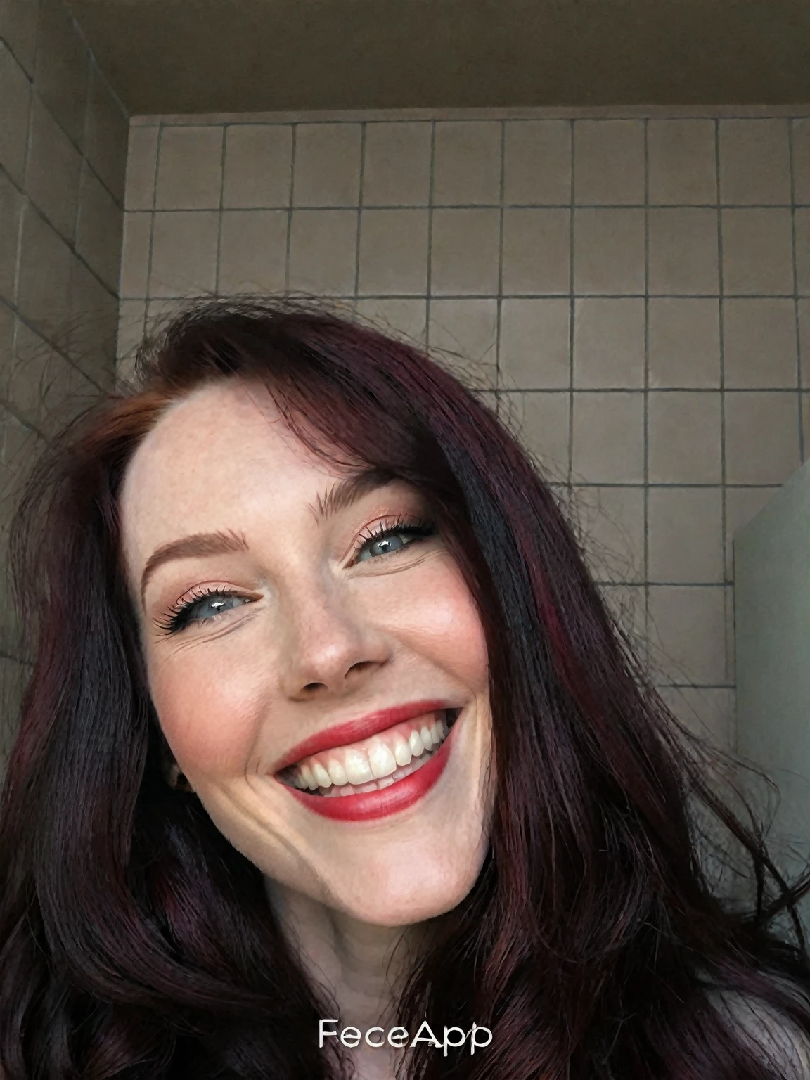 arafed woman with long dark hair and red hair, with pale skin, perfect smile, laughing, profile image, looking to the side off camera, high quality portrait, pale skin and dark eyes, color portrait, looking to the side, portrait image, sultry look, anastasia ovchinnikova, inspired by Jessie Alexandra Dick, headshot profile picture, tiffany dover