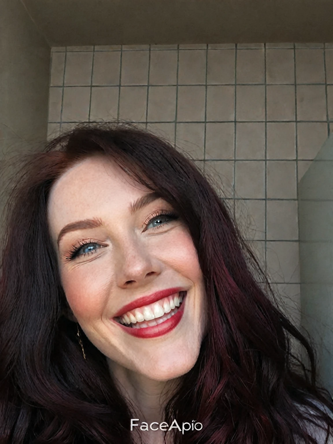 arafed woman with long dark hair and red hair, with pale skin, perfect smile, laughing, profile image, looking to the side off camera, high quality portrait, pale skin and dark eyes, color portrait, looking to the side, portrait image, sultry look, anastasia ovchinnikova, inspired by Jessie Alexandra Dick, headshot profile picture, tiffany dover