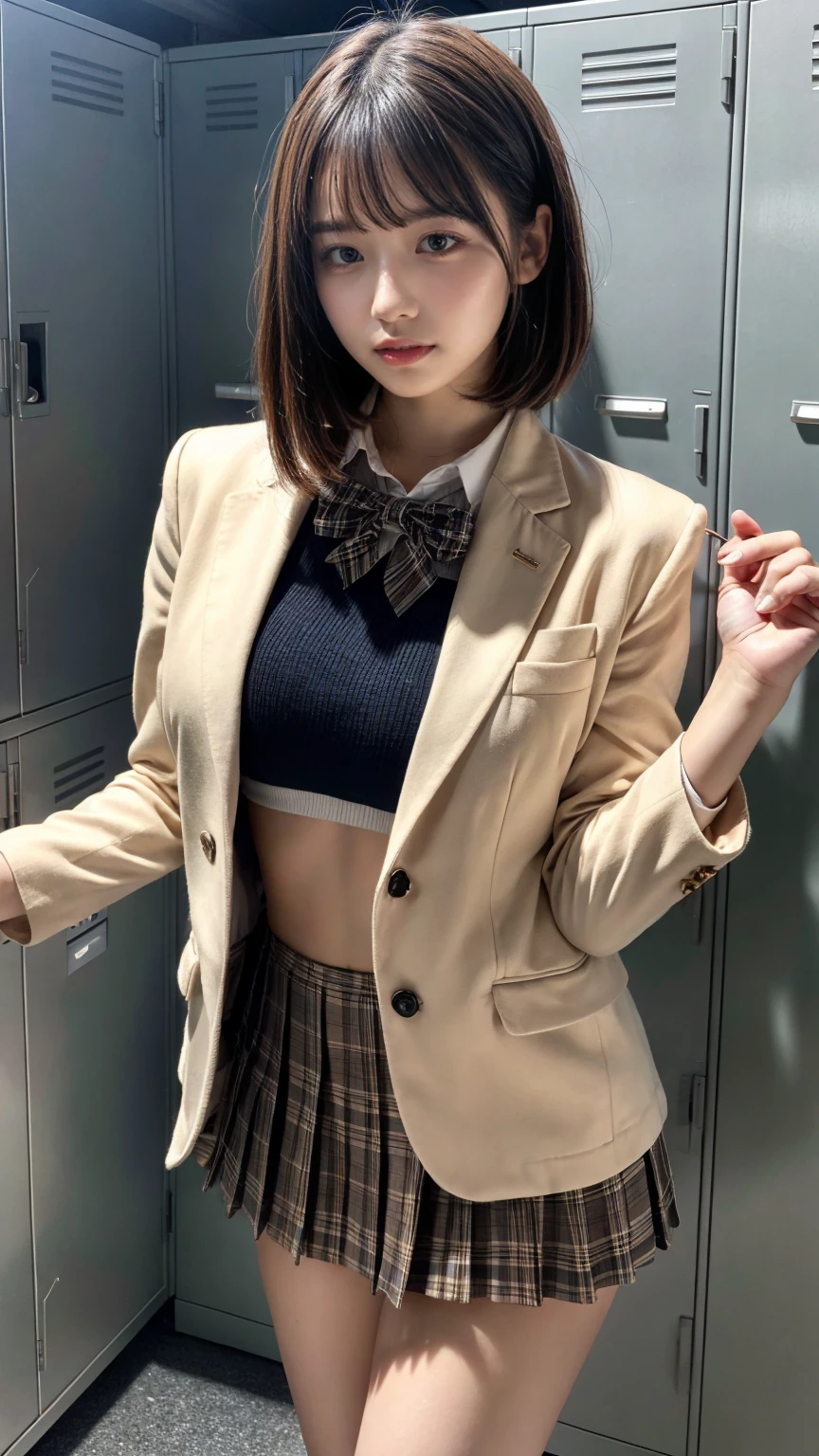 masterpiece, best quality, illustration, Super detailed, fine details, High resolution, 8K,wall paper, perfect dynamic composition,(Details High quality, realistic depiction of eyes:1.3), upper body, locker room、High school girl uniform、blazer 、Super Short Check Uniform Skirt、Colossal tits、Disturbed uniform, short bob hair, black hair color, huge breasts, Big Natural Color Lip, bold sexy pose, (perfect body shape), crying a little、Harajuku style、20 year old girl