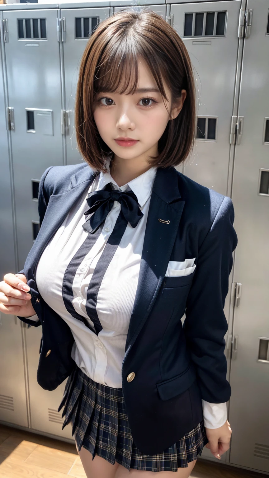 masterpiece, best quality, illustration, Super detailed, fine details, High resolution, 8K,wall paper, perfect dynamic composition,(Details High quality, realistic depiction of eyes:1.3), upper body, locker room、High school girl uniform、blazer 、Super Short Check Uniform Skirt、Colossal tits、Disturbed uniform,  short bob hair, black hair color, huge breasts, Big Natural Color Lip, bold sexy pose, (perfect body shape), crying a little、Harajuku style、20 year old girl