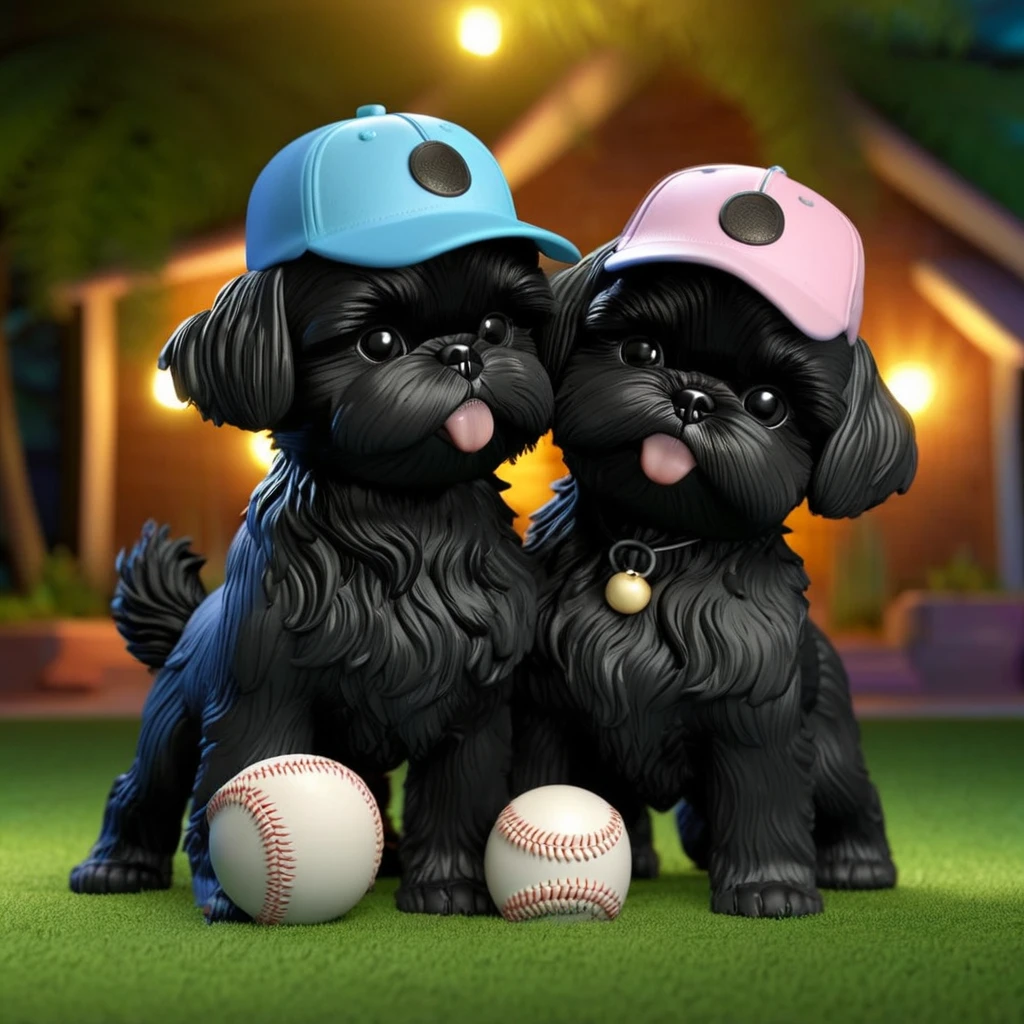 2 Adorable small black Shih Tzu puppies wearing baseball cap and glasses playing baseball at night Disney background 3d cartoon 3d render disney pixar style