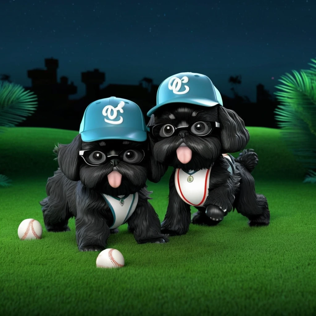 2 Adorable small black Shih Tzu puppies wearing baseball cap and glasses playing baseball at night Disney background 3d cartoon 3d render disney pixar style