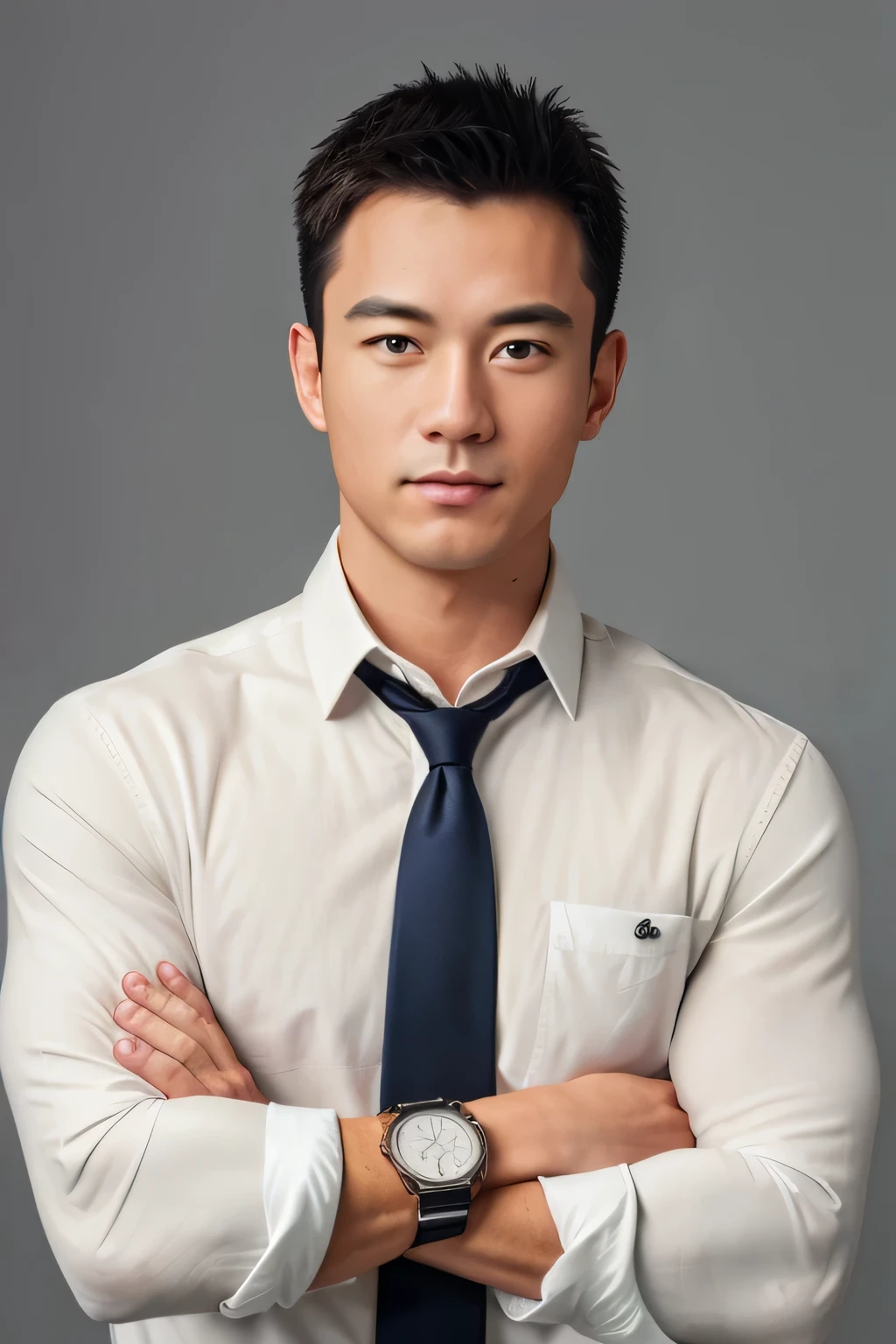 1man,
a 30 y.o muscular male wearing long-sleeve white shirt and tie, with a watch, upper body,
in camera studio with 3 flash, soft lighting,
masterpiece, best quality, 8k uhd, dslr, film grain, Fujifilm XT3 photorealistic painting art by midjourney and greg rutkowski