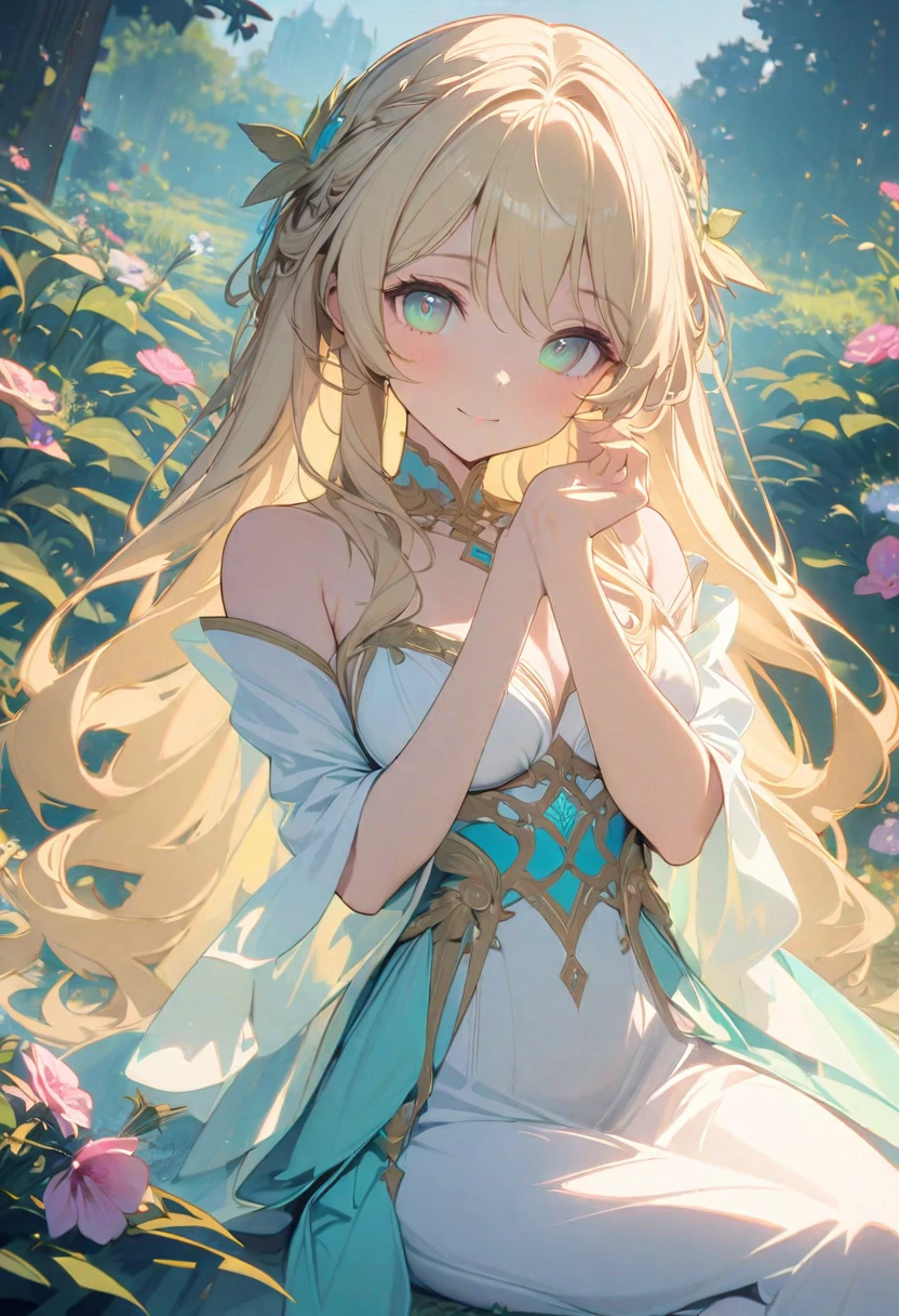 8K, Super detailed, high quality, A woman with a goddess-like smile,euphilia, One Girl,Anime girl with long blonde hair and dark turquoise eyes in a white dress,  Glowing green eyes,  sitting in a garden full of flowers, Wearing an elegant dress, Decorate your hair with flowers, Magic