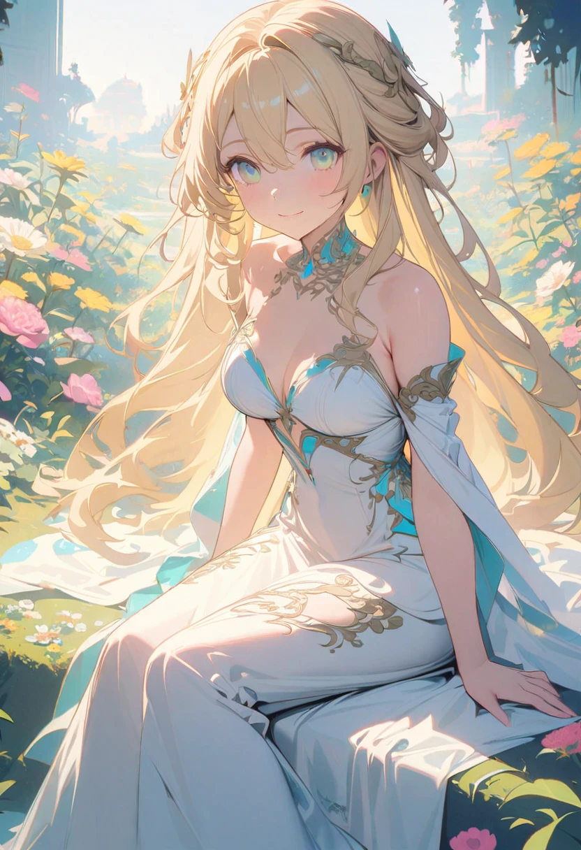 8K, Super detailed, high quality, A woman with a goddess-like smile,euphilia, One Girl,Anime girl with long blonde hair and dark turquoise eyes in a white dress,  Glowing green eyes,  sitting in a garden full of flowers, Wearing an elegant dress, Decorate your hair with flowers, Magic