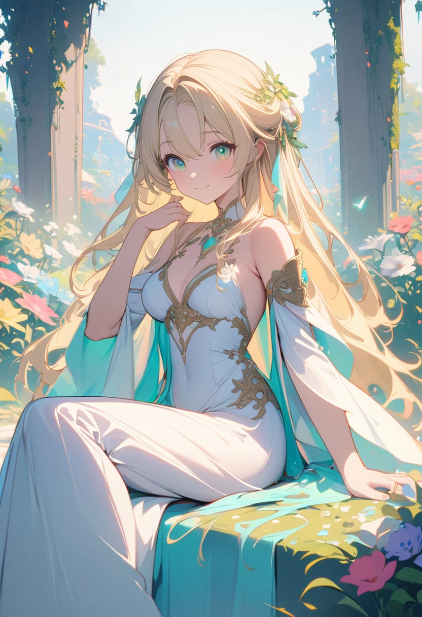 8K, Super detailed, high quality, A woman with a goddess-like smile,euphilia, One Girl,Anime girl with long blonde hair and dark turquoise eyes in a white dress,  Glowing green eyes,  sitting in a garden full of flowers, Wearing an elegant dress, Decorate your hair with flowers, Magic