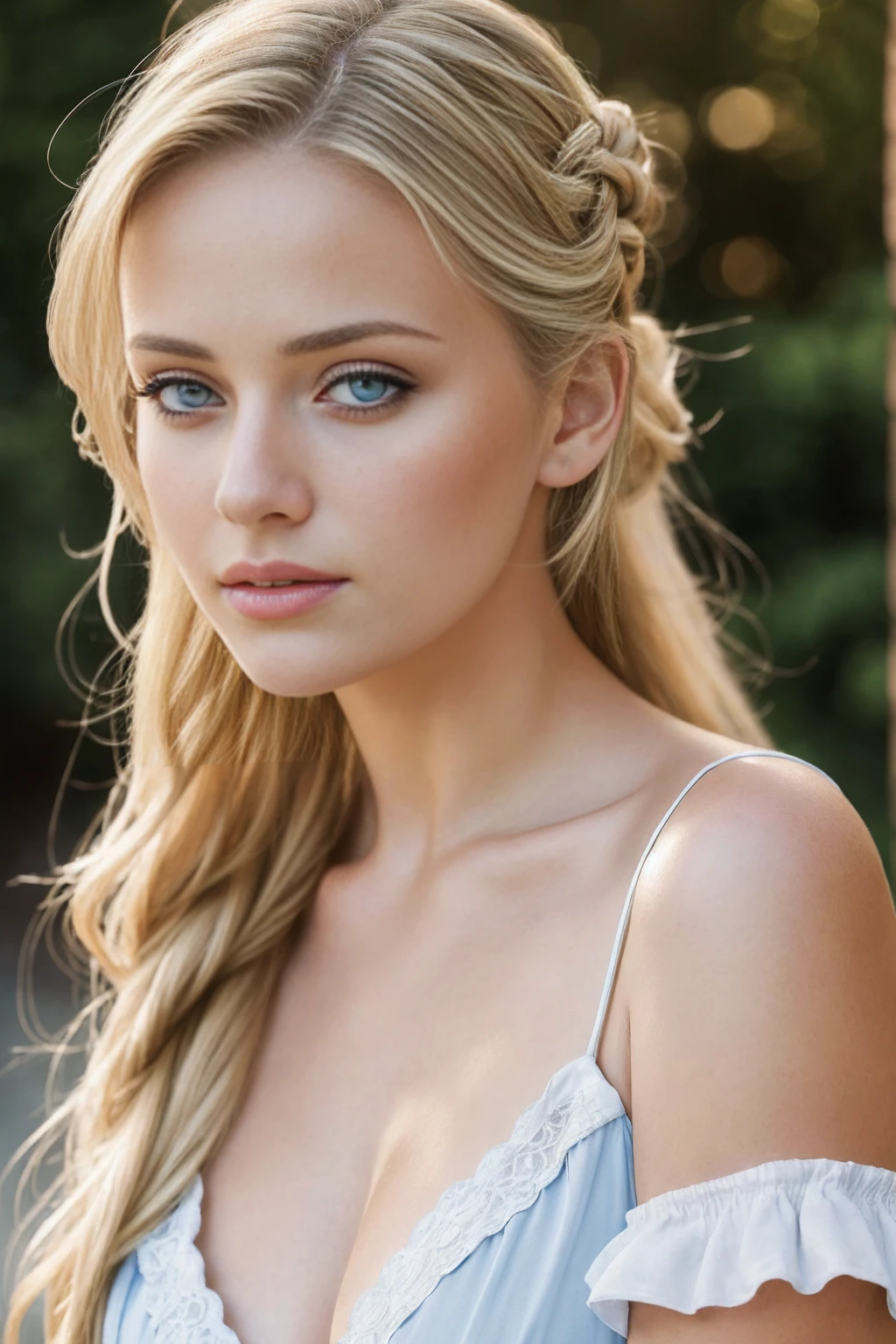 Young Blonde Woman, Beautiful Woman, player’s perspective, Lens Flare, f/2.8, 50mm, Leica, Braids, (Masterpiece, Top Quality, High Resolution:1.4), 1 girl, 20 years old, big breasts, angel, blonde hair, HD 4K, 8K, photo, cinematic, full body, realistic, (8K, RAW photo, Top Quality, Masterpiece:1.2), (realistic, photo-realistic:1.33), best quality, detailed eyes blue, cute, natural light, depth of field, film grain, sharp, detailed and realistic a woman, staring at camera, ruffled lips soft natural light, portrait photography, magic photography , photorealism, super detailed, intimate portrait composition, elegant white blouse and high-waisted trousers.