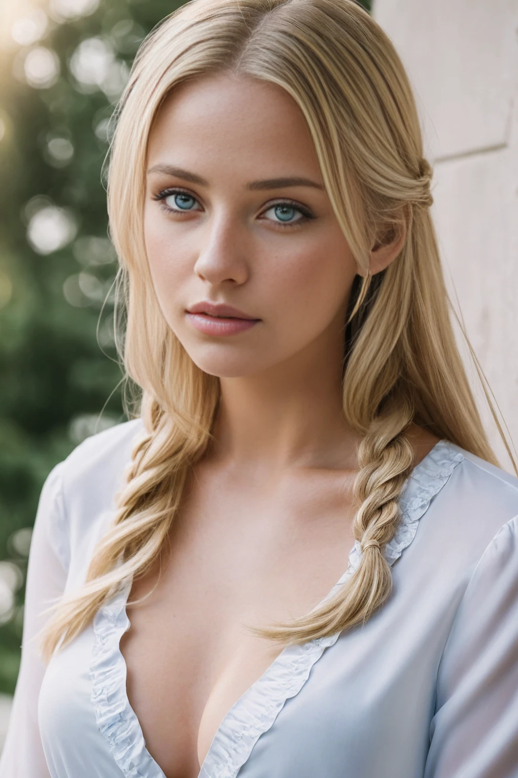 Young Blonde Woman, Beautiful Woman, player’s perspective, Lens Flare, f/2.8, 50mm, Leica, Braids, (Masterpiece, Top Quality, High Resolution:1.4), 1 girl, 20 years old, big breasts, angel, blonde hair, HD 4K, 8K, photo, cinematic, full body, realistic, (8K, RAW photo, Top Quality, Masterpiece:1.2), (realistic, photo-realistic:1.33), best quality, detailed eyes blue, cute, natural light, depth of field, film grain, sharp, detailed and realistic a woman, staring at camera, ruffled lips soft natural light, portrait photography, magic photography , photorealism, super detailed, intimate portrait composition, elegant white blouse and high-waisted trousers. 