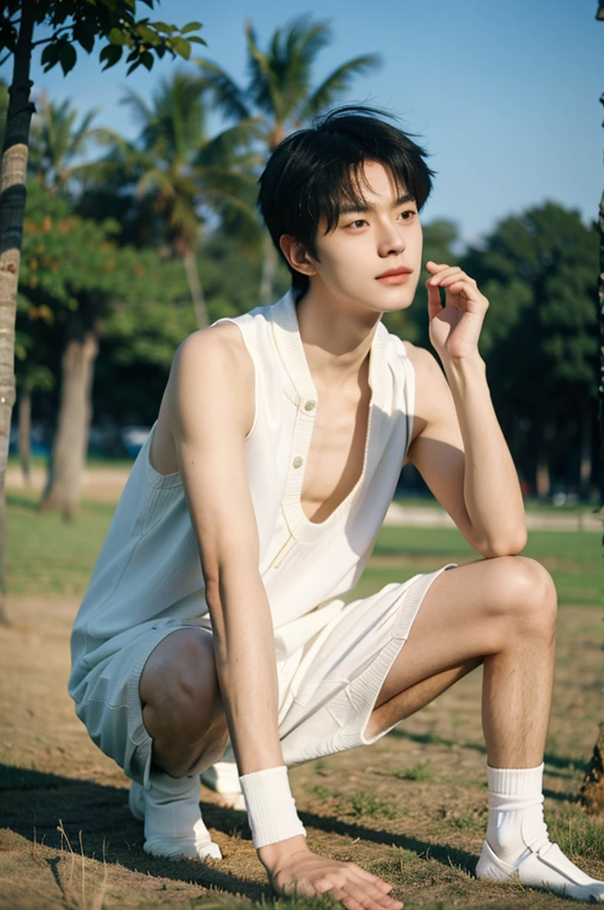 nansheng,1 boy, Solitary, topless, wear white thong underwaer，Socks and feet close-up，Male focus,sky空, outdoor, sky, Practical,Grass, Whole body, show abs,