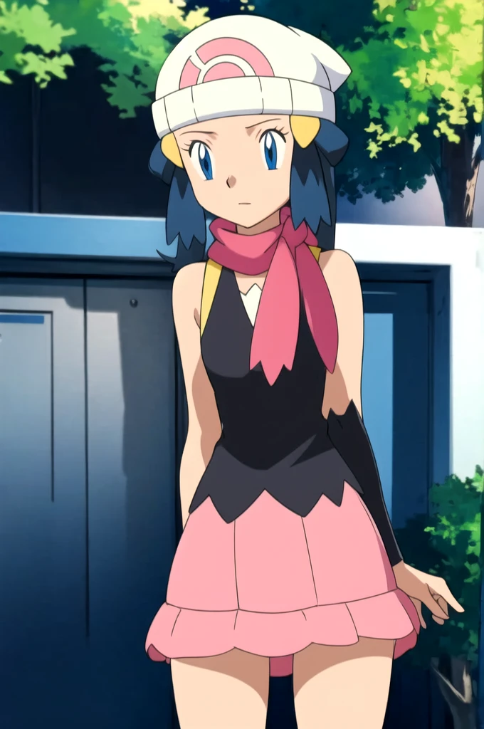 masterpiece, Highest quality, High resolution, One girl, alone, dawn (Pokemon), Pink scarf, Black Shirt, Pink Skirt, Have, Outdoor, Bare shoulders,