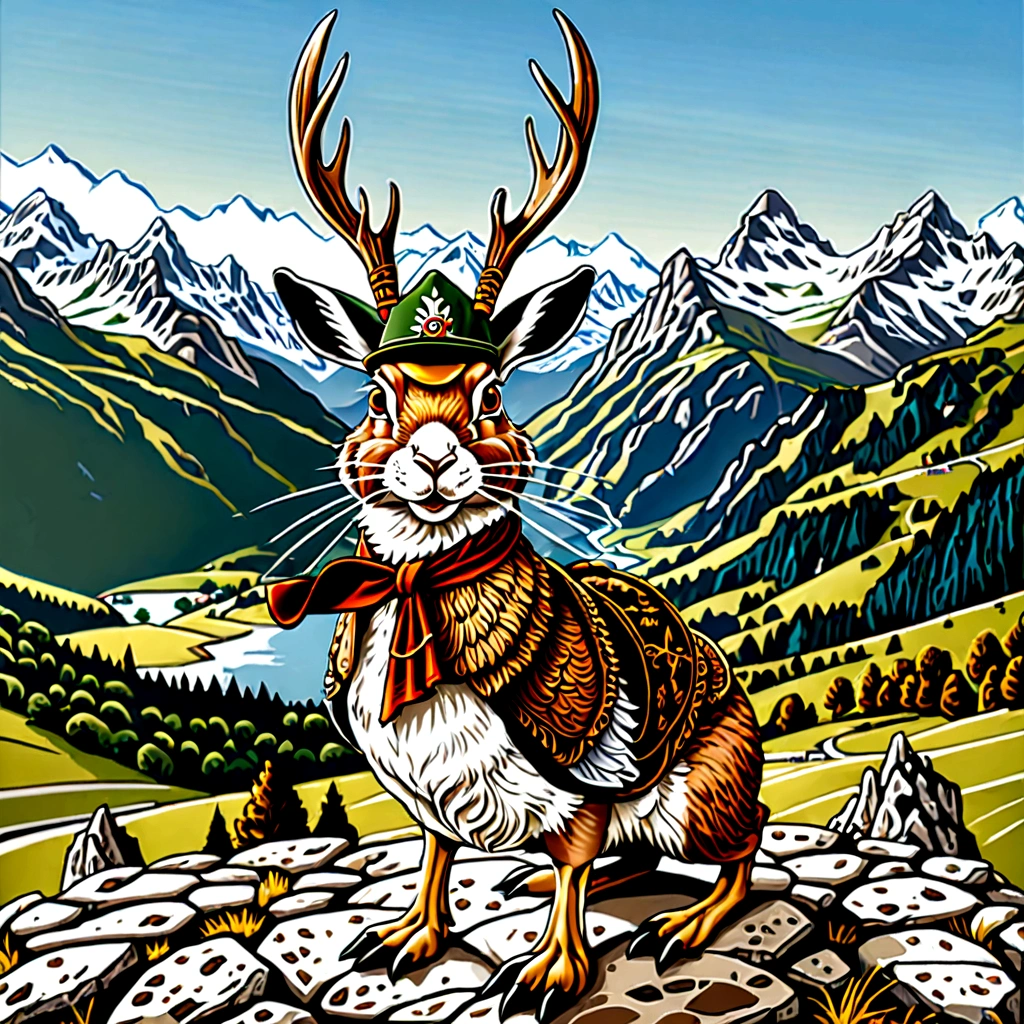 A detailed, hyperrealistic 4K illustration of a Bavarian Wilpertinger from a duck, a rabbit, and a deer, with a Tyrolean hat, with sharp edges, in a mountainous landscape in the background for print on demand in comic style