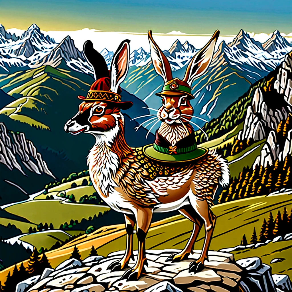 A detailed, hyperrealistic 4K illustration of a Bavarian Wilpertinger from a duck, a rabbit, and a deer, with a Tyrolean hat, with sharp edges, in a mountainous landscape in the background for print on demand in comic style 