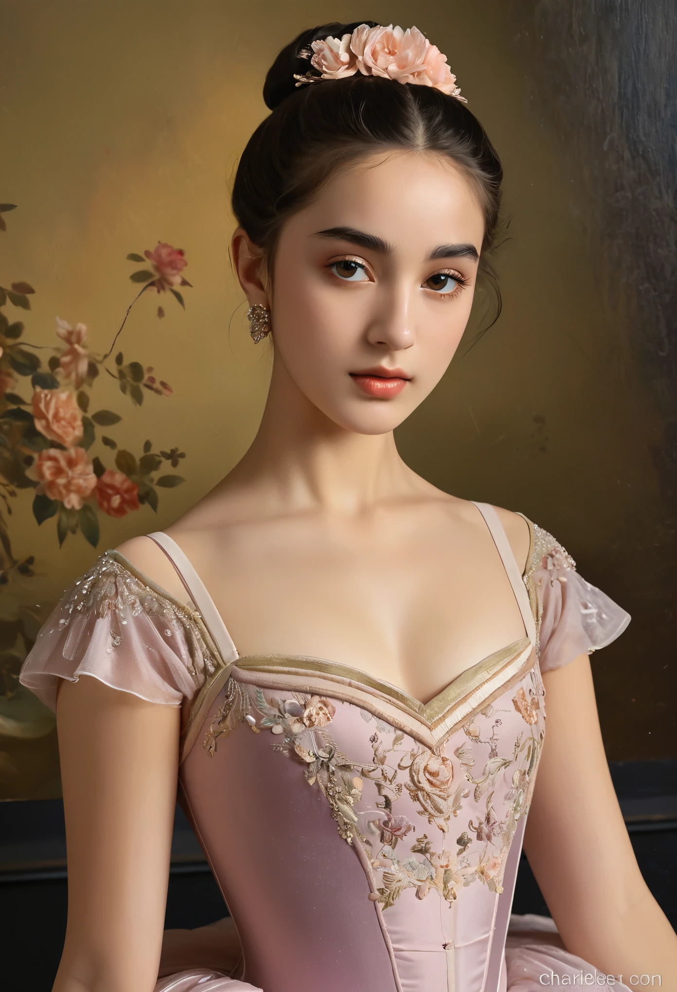 (highres,masterpiece:1.2),(realistic:1.37)"(best quality, highres, ultra-detailed, realistic),beautiful 19th-century portrait of a 16-year-old French ballet dancer, (She is half French and half Japanese, and is a stunning beauty with detailed eyes and a high nose:1.1), thick eyebrows, (elaborate ballet costume:1.4), detailed facial features, long graceful neck, flowing locks of hair, poised and elegant posture, soft and delicate lighting, classic oil painting medium, vibrant colors, subtle background with floral motifs", dreamy atmosphere, Surrealism,mystical aura, Charlie Bowater, 19th-century France, seductive, (best quality,4k,8k,highres,masterpiece:1.2), ultra-detailed, (realistic,photorealistic,photo-realistic:1.37),(Numerous award-winning masterpieces, incredibly detailed and textured, maximal resolution and clarity), (Hyper-realistic:1.4)