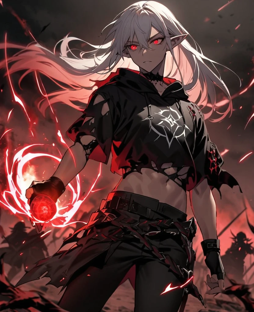 Male,5'4,pierced pointy ears,light skin,red eyes, white ombre long hair half up half down,black albow length fingerless gloves,ripped red short sleeve cropped hoodie,black tight shirt,ripped black jeans,dark magic,on a battlefield with darkness in his eyes as a dark magic aura surrounds him changing to his demonic form