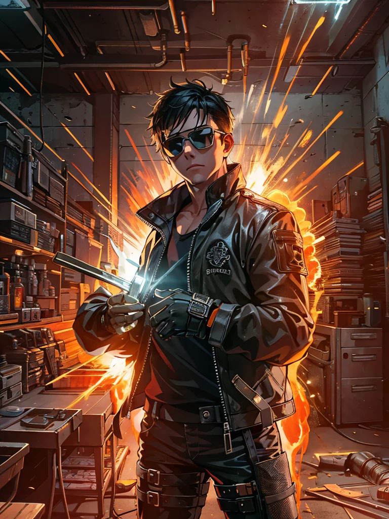 a strong, muscular boy with black hair, wearing shades, a leather jacket, and bandages on his face, standing in a workshop surrounded by sparks from a blowtorch, with a stoic expression and bright orange eyes, (best quality,4k,8k,highres,masterpiece:1.2),ultra-detailed,(realistic,photorealistic,photo-realistic:1.37),hyperrealistic, intricate details, chiaroscuro lighting, gritty, industrial, dystopian, cyberpunk, high contrast, cinematic
