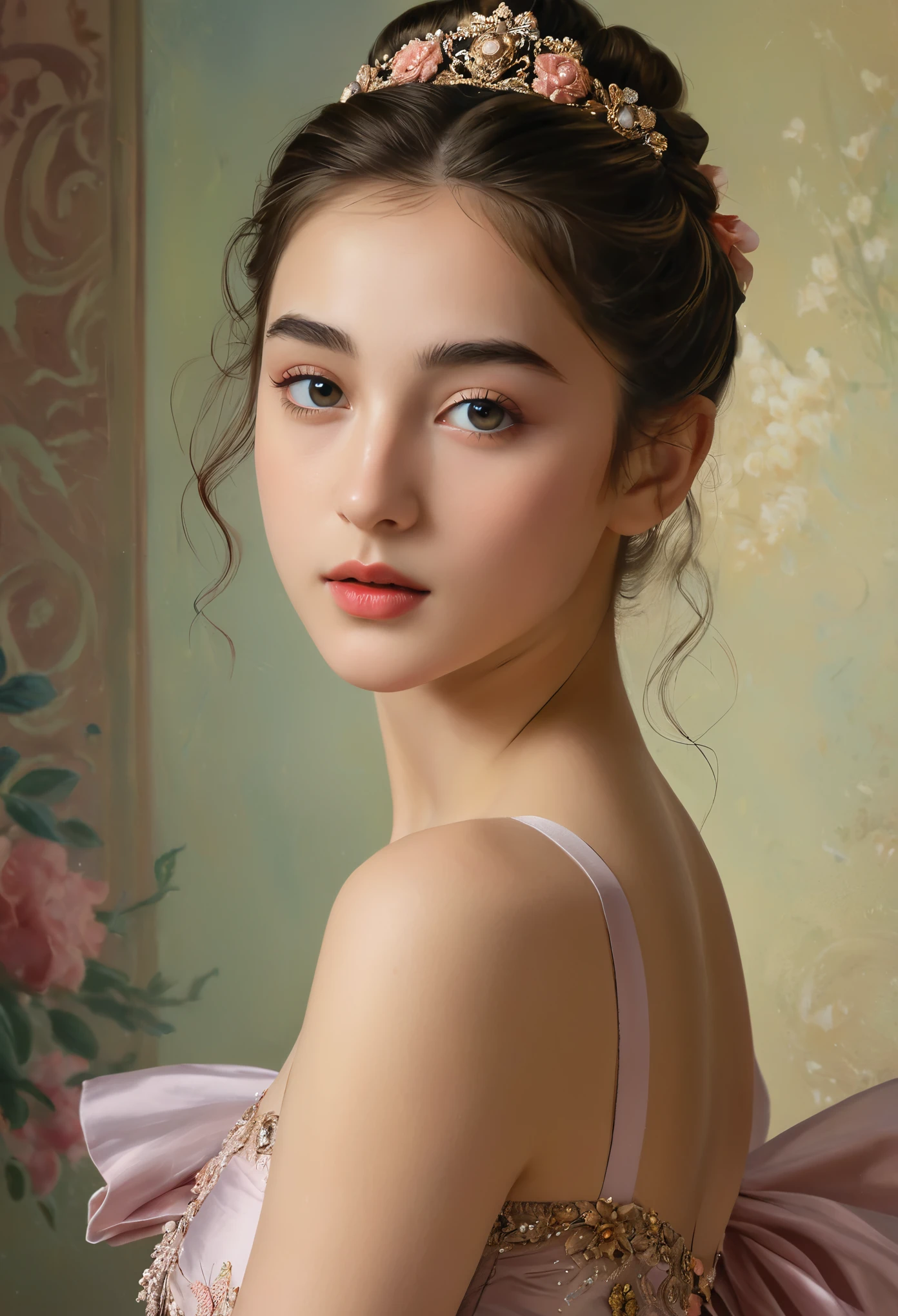 (highres,masterpiece:1.2),(realistic:1.37)"(best quality, highres, ultra-detailed, realistic),beautiful 19th-century portrait of a 16-year-old French ballet dancer, (She is half French and half Japanese, and is a stunning beauty with detailed eyes and a high nose:1.1), thick eyebrows, (elaborate ballet costume:1.4), detailed facial features, long graceful neck, flowing locks of hair, poised and elegant posture, soft and delicate lighting, classic oil painting medium, vibrant colors, subtle background with floral motifs", dreamy atmosphere, Surrealism,mystical aura, Charlie Bowater, 19th-century France, seductive, (best quality,4k,8k,highres,masterpiece:1.2), ultra-detailed, (realistic,photorealistic,photo-realistic:1.37),(Numerous award-winning masterpieces, incredibly detailed and textured, maximal resolution and clarity), (Hyper-realistic:1.4)