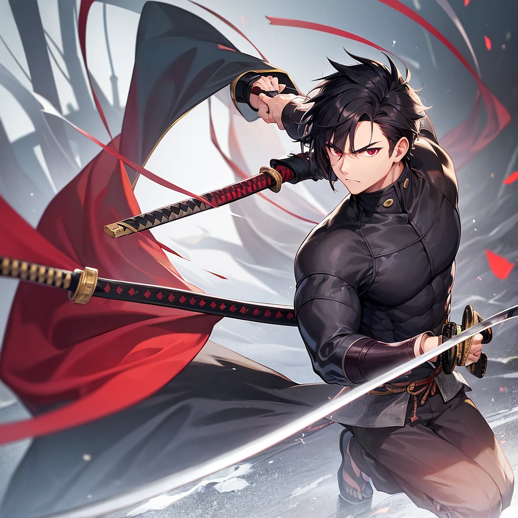 man , low taper haircut , wear a hashira clothes , tall , red black eyes , katana expert , dark hair , ninja , strong , cold face