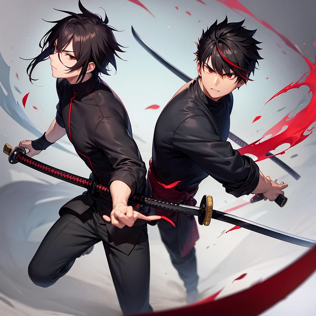 man , low taper haircut , wear a hashira clothes , tall , red black eyes , katana expert , dark hair  , ninja , strong , cold face
