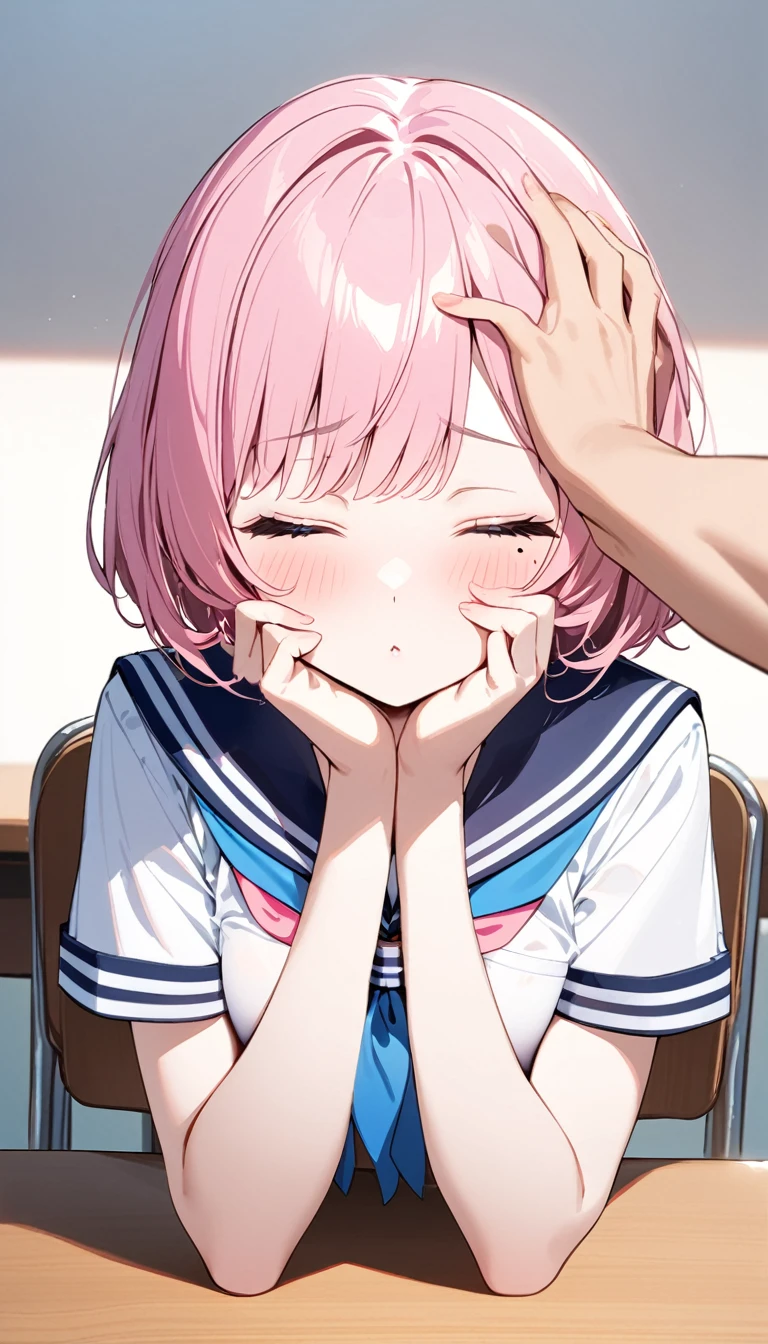 (1 girl),(Best Picture Quality, 8K, Masterpiece:1.3), (high school student:1.5), ((pink lob hair:1.1)), (bob cut),(swept bangs), (cute eyes, pupil black, iris skyblue, youthful face), (mole under right eye), (standard weight), (small ), (glistening skin:1.1),(pale skin:1.2), ((serafuku, white sailor short sleeve simple shirt, darkblue skirt, darkblue sailor collar, pink ribbon)),(sitting on a chair),(a class in session),((hands up,elbows on desk, face palm)),(closed eyes, kissing viewer)
