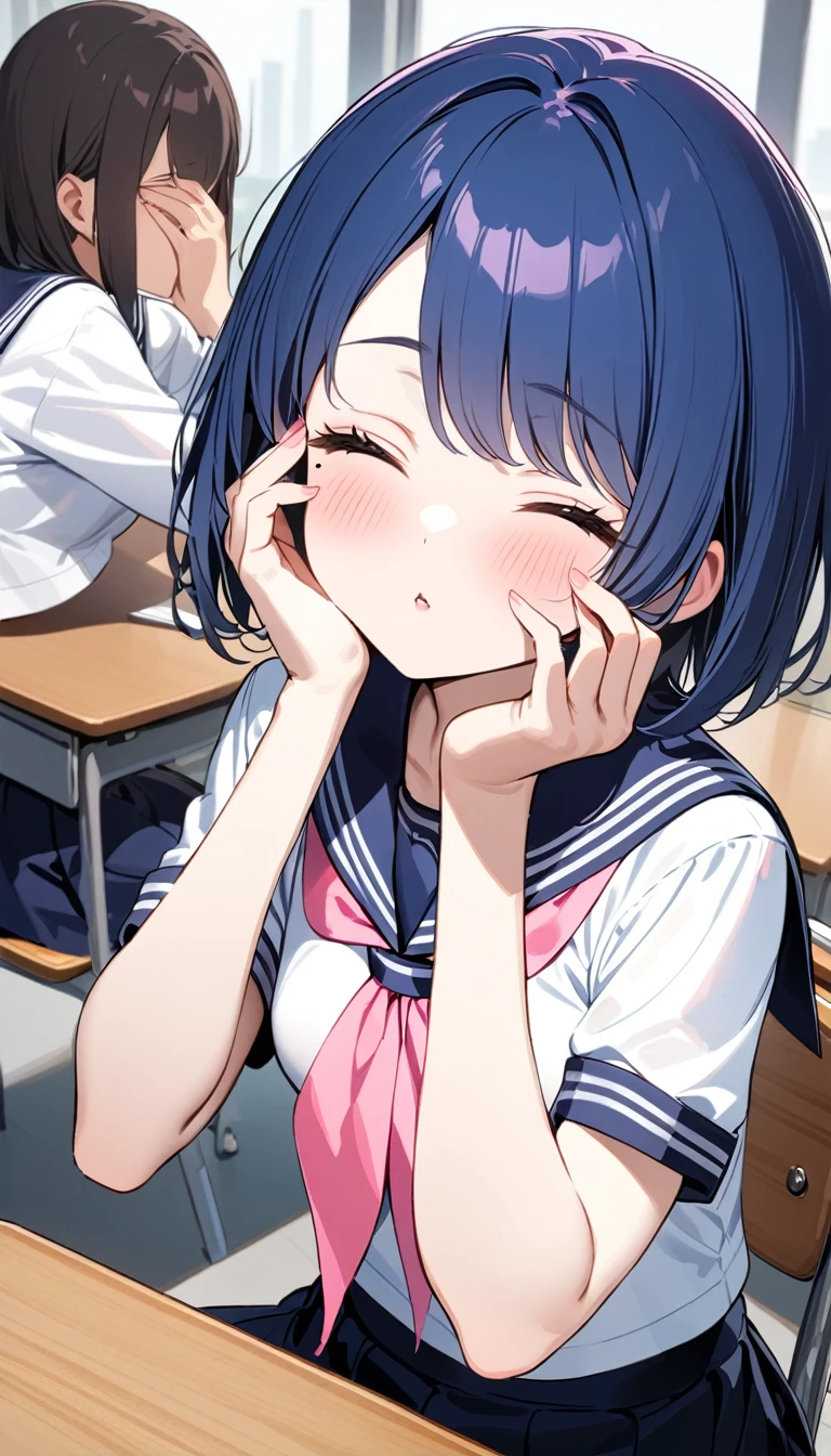 (1 girl),(Best Picture Quality, 8K, Masterpiece:1.3), (high school student:1.5), ((pink lob hair:1.1)), (bob cut),(swept bangs), (cute eyes, pupil black, iris skyblue, youthful face), (mole under right eye), (standard weight), (small breasts), (glistening skin:1.1),(pale skin:1.2), ((serafuku, white sailor short sleeve simple shirt, darkblue skirt, darkblue sailor collar, pink ribbon)),(sitting on a chair),(a class in session),((hands up,elbows on desk, face palm)),(closed eyes, kissing viewer)