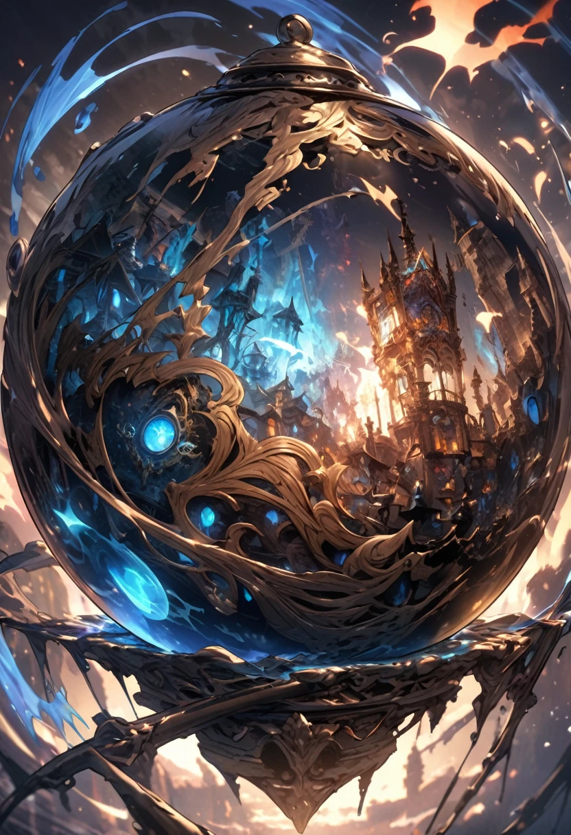 a extremely detailed black crystal ball covered in ghostly runes & spirits spilling out of it