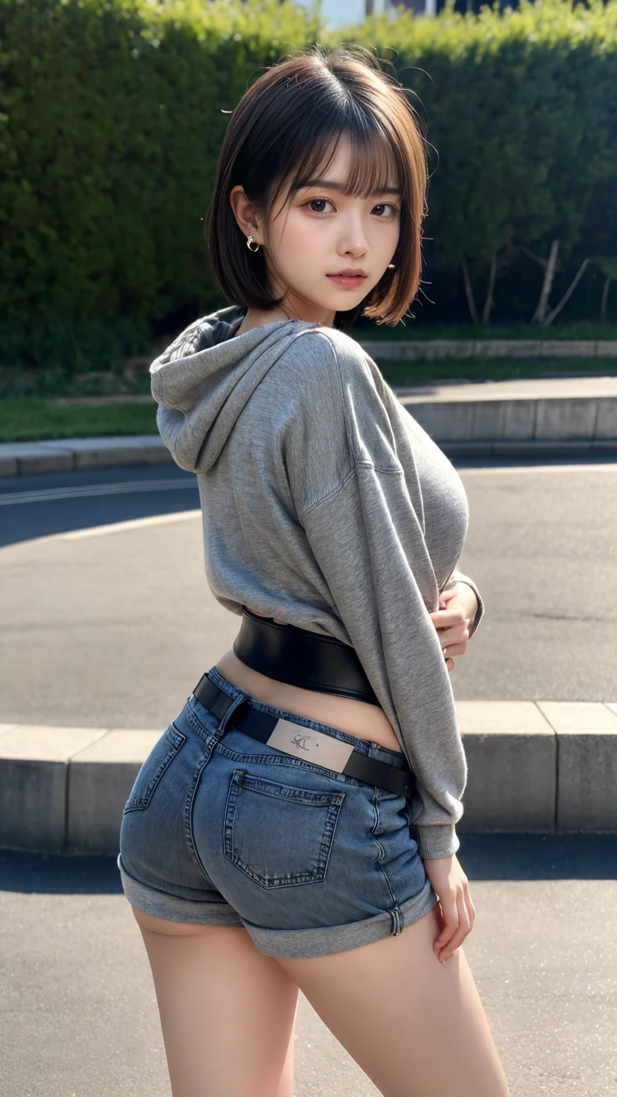 masterpiece, best quality, illustration, Super detailed, fine details, High resolution, 8K,wall paper, perfect dynamic composition, full body photo, back view, leaning forward, crossed arms, (Details High quality, realistic depiction of eyes:1.3), 20 year old girl, Gravure Idol, cute type, large breasts, short bob hair, black hair color, Korean style makeup, Big Natural Color Lip, thick thighs, perfect body shape, plump figure,large hips, champion gray sweatshirt, denim short pants, Leather belt, necklace, earrings