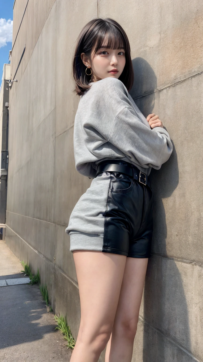 masterpiece, best quality, illustration, Super detailed, fine details, High resolution, 8K,wall paper, perfect dynamic composition, full body photo,  back view, leaning forward, crossed arms, (Details High quality, realistic depiction of eyes:1.3), 20 year old girl, Gravure Idol, cute type, large breasts, short bob hair, black hair color, Korean style makeup, Big Natural Color Lip, thick thighs, perfect body shape, plump figure,large hips,  champion gray sweatshirt, denim short pants, Leather belt, necklace, earrings