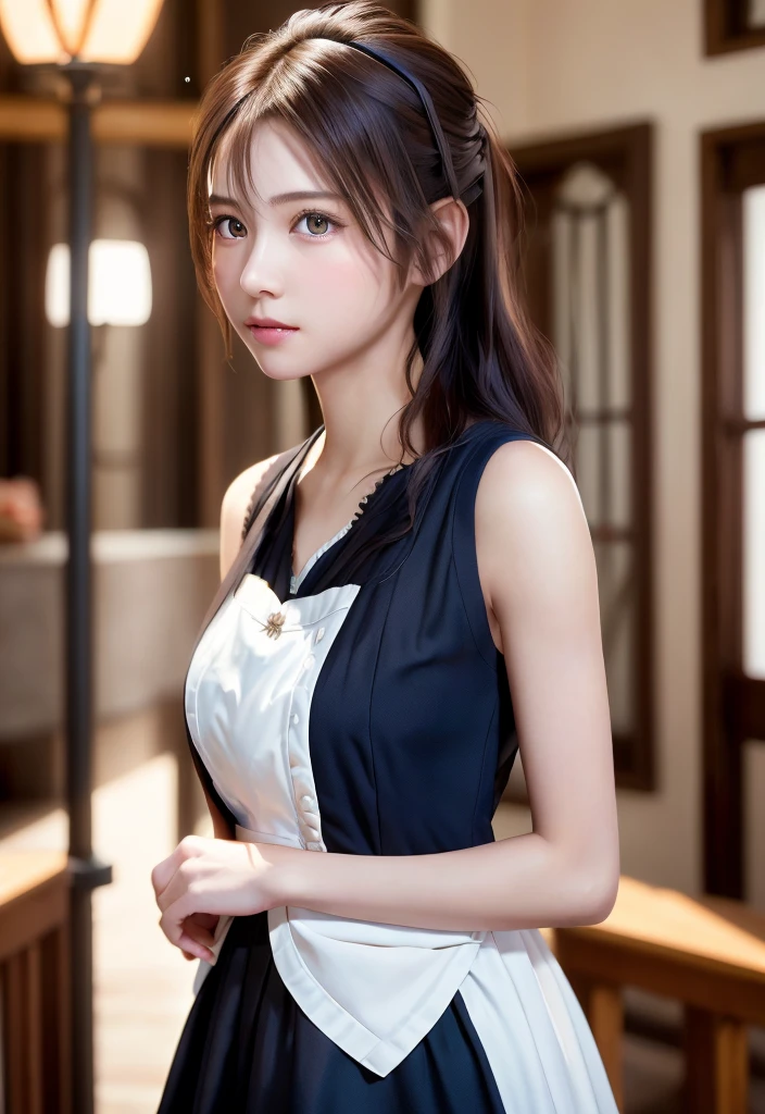 8K, of the highest quality, masutepiece:1.2), (Realistic, Photorealsitic:1.37), of the highest quality, masutepiece, Beautiful young woman, Pensive expression,、A charming、and an inviting look, Cute Maid Clothes, Hair tied back, Cinematic background, Light skin tone