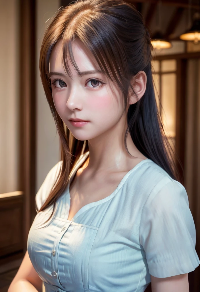 8K, of the highest quality, masutepiece:1.2), (Realistic, Photorealsitic:1.37), of the highest quality, masutepiece, Beautiful young woman, Pensive expression,、A charming、and an inviting look, Cute Maid Clothes, Hair tied back, Cinematic background, Light skin tone