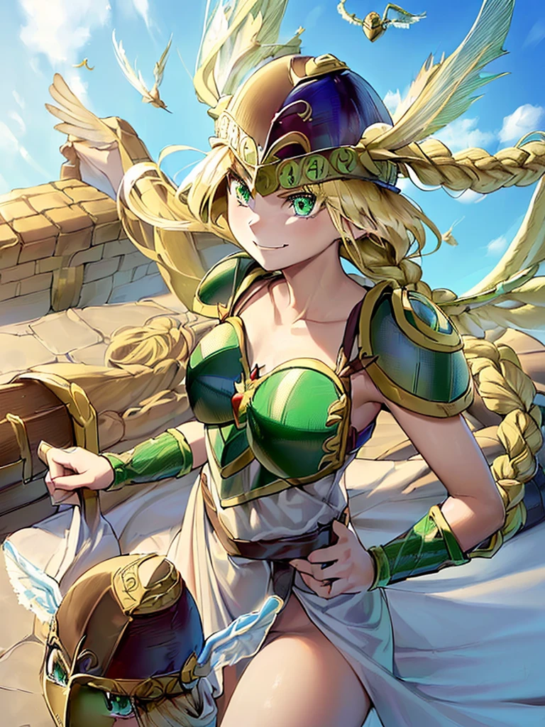 masterpiece,best quality, 1girl, 18yo, beautiful girl,BREAK,(Armor:1.8),(Helmet with wings:1.7),(Beautiful blonde,braid,Green Eyes:1.5),BREAK,(smiley, smirk,Troll, determined:1.3),BREAK, (blue sky:1.4),(She flies in the sky:1.5),(She descends from the sky:1.3),