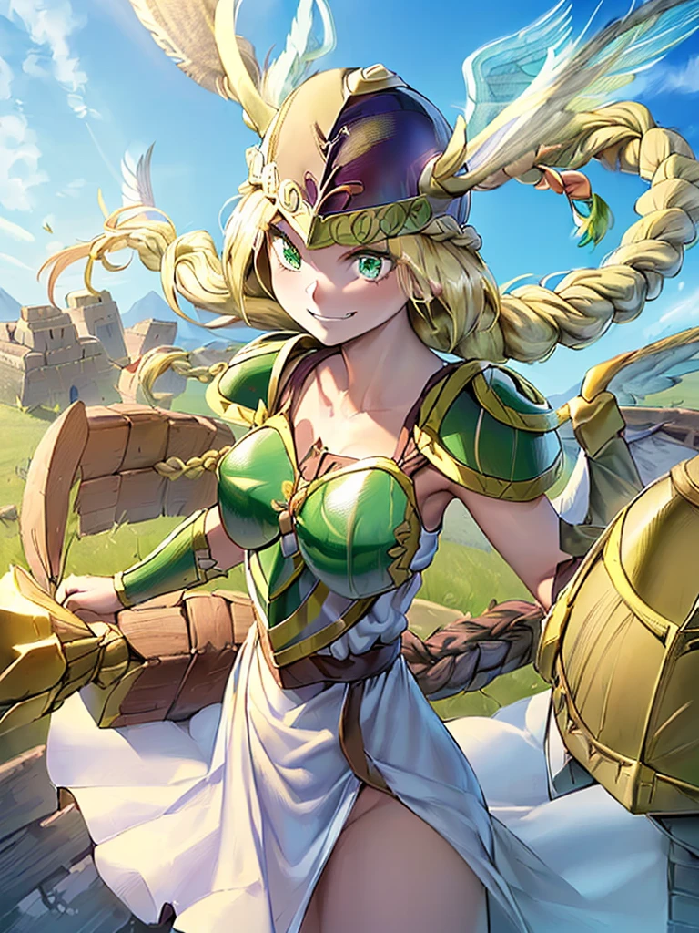 masterpiece,best quality, 1girl, 18yo, beautiful girl,BREAK,(Armor:1.8),(Helmet with wings:1.7),(Beautiful blonde,braid,Green Eyes:1.5),BREAK,(smiley, smirk,Troll, determined:1.3),BREAK, (blue sky:1.4),(She flies in the sky:1.5),(She descends from the sky:1.3),