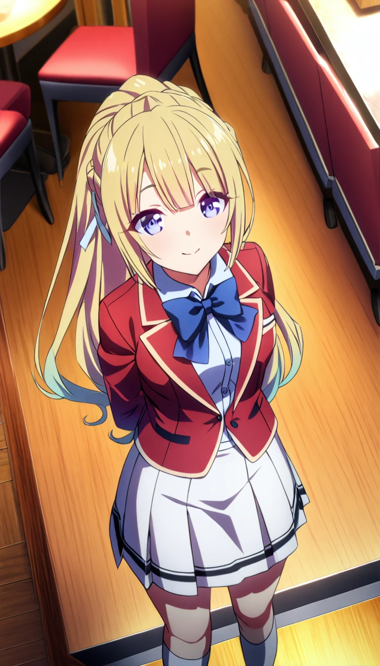 masterpiece, best quality, highres, ponytail hair, (single braid:1.2), hair ribbon, red blazer,buttoned blazer, blue bowtie, long sleeves, white skirt,knee socks,leather shoes,arms behind back, standing in restaurant ,smile,closed mouth,from above,score_9, score_8_up, score_7_up, score_6_up, s